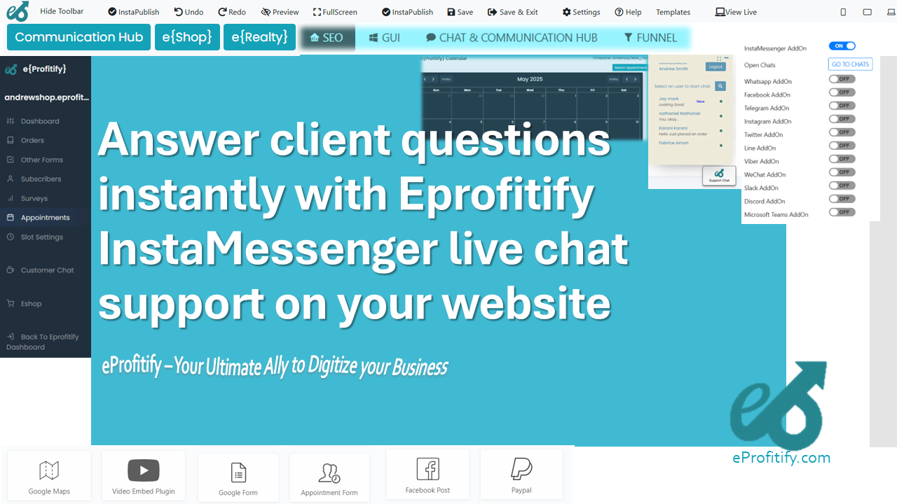 Answer client questions instantly with Eprofitify InstaMessenger live chat support on your website